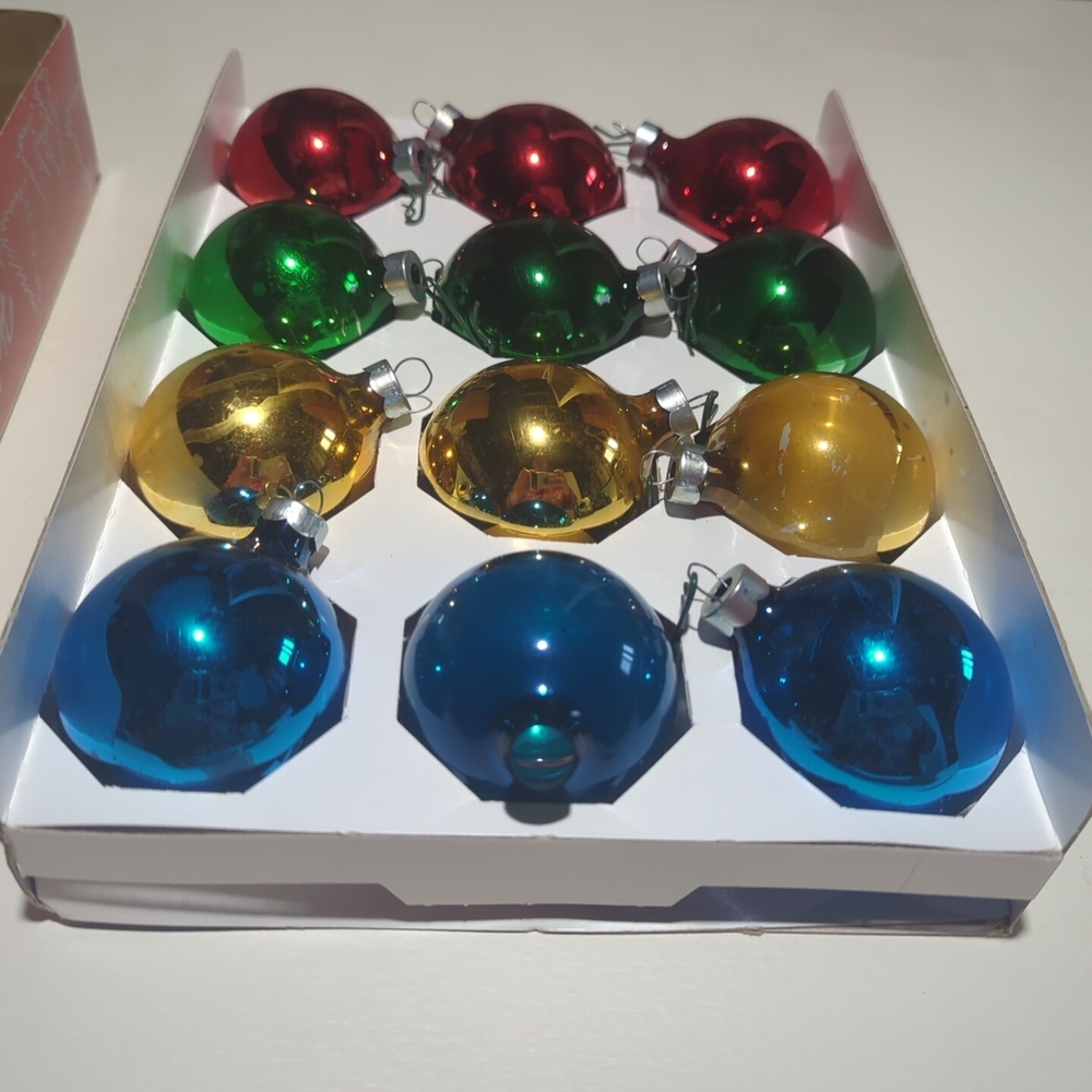 Vintage Holly Primary Colorful Christmas Ornaments Set Made In USA Lot Of 12